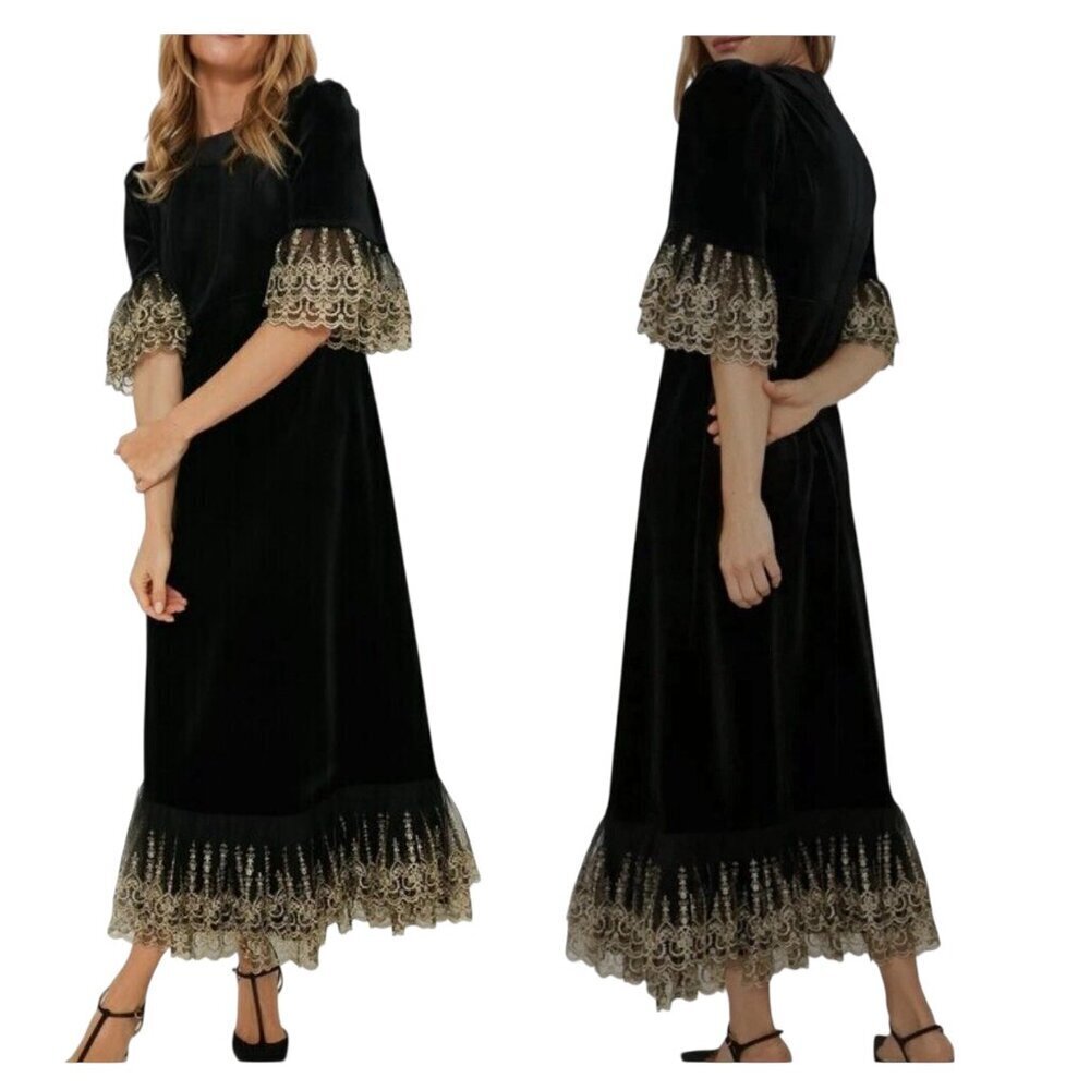 Pomander Place Black Velvet Lillith Maxi Dress Gold Lace Trim Large NWT